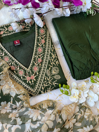 Green Afghani Suit Set With Embroidery and Floral Print