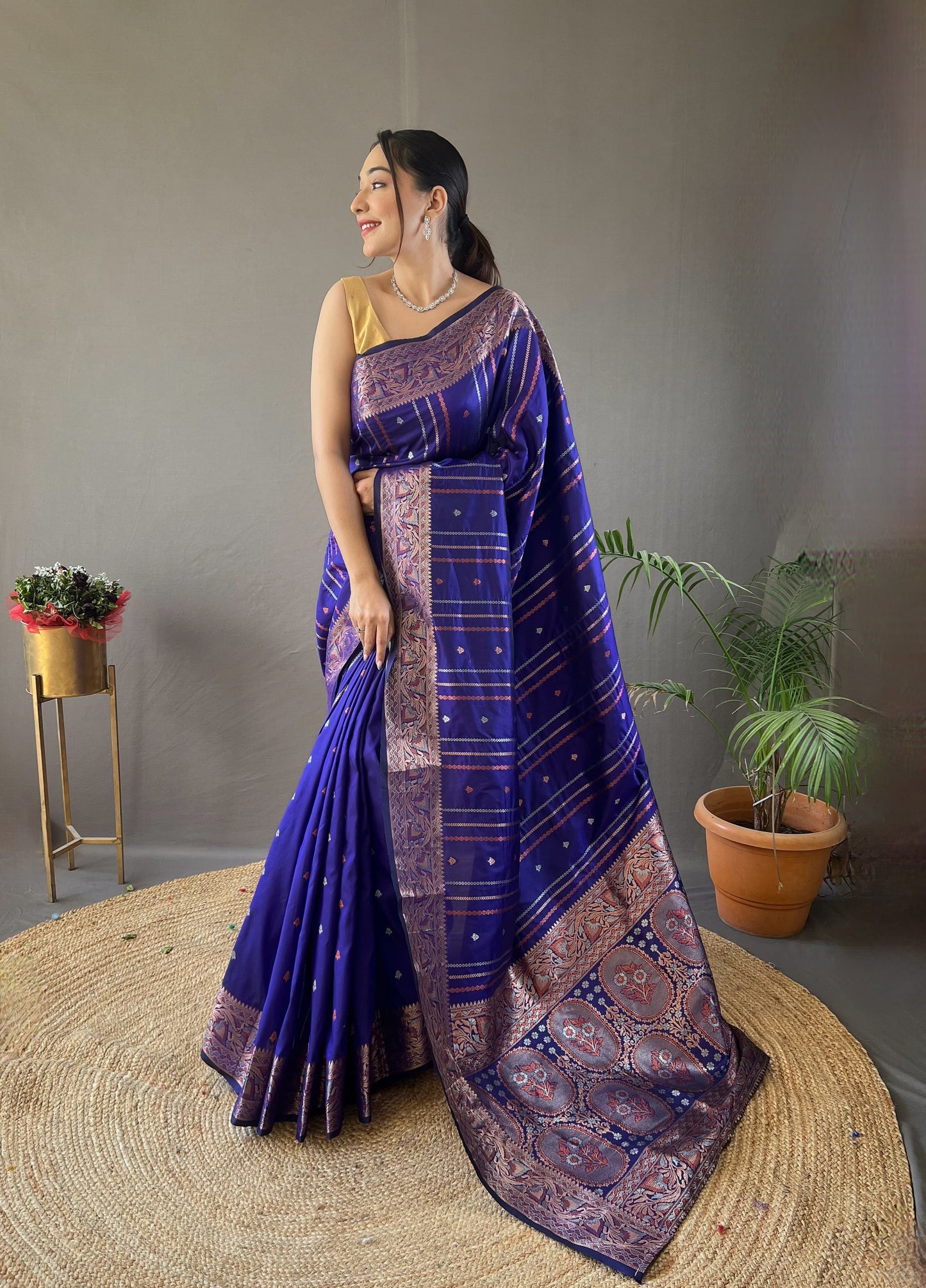 Soft Silk Saree With Silver and Copper Zari Work