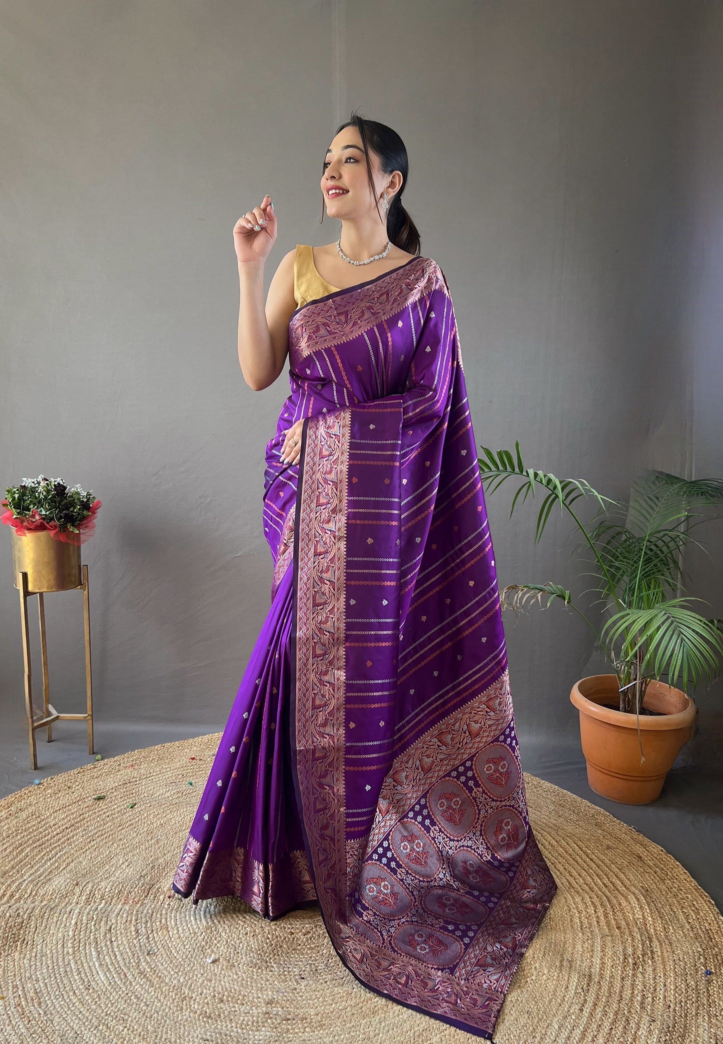 Soft Silk Saree With Silver and Copper Zari Work