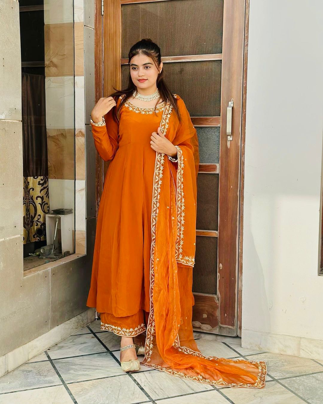 Orange Georgette Plazo Set With Thread Work