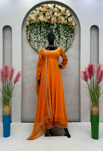 Orange Georgette Plazo Set With Thread Work