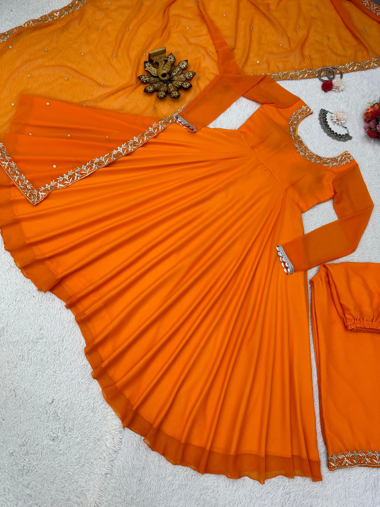 Orange Georgette Plazo Set With Thread Work