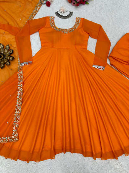 Orange Georgette Plazo Set With Thread Work