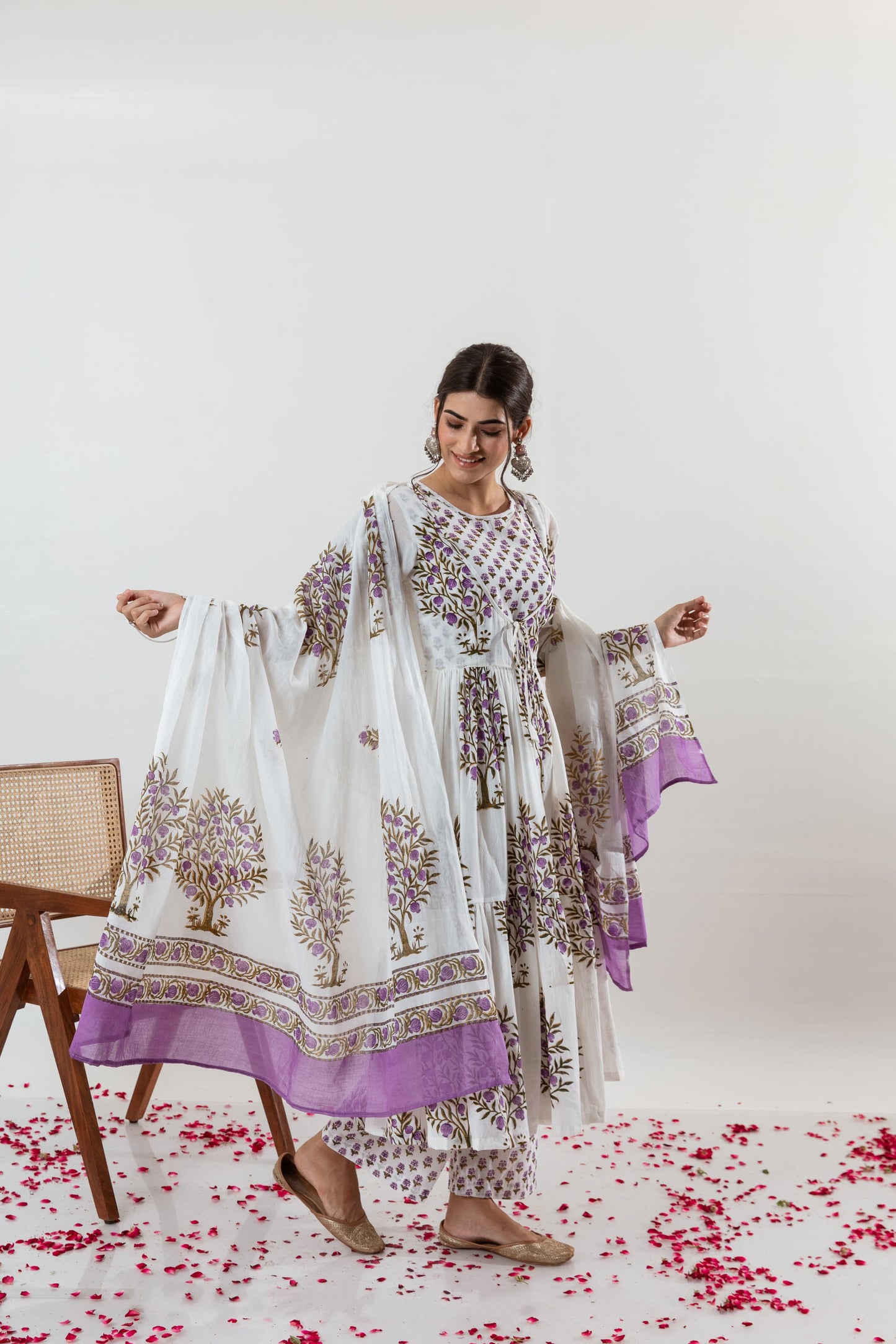 Lavender and White Mul Mul Cotton Plazo Set With Floral Design