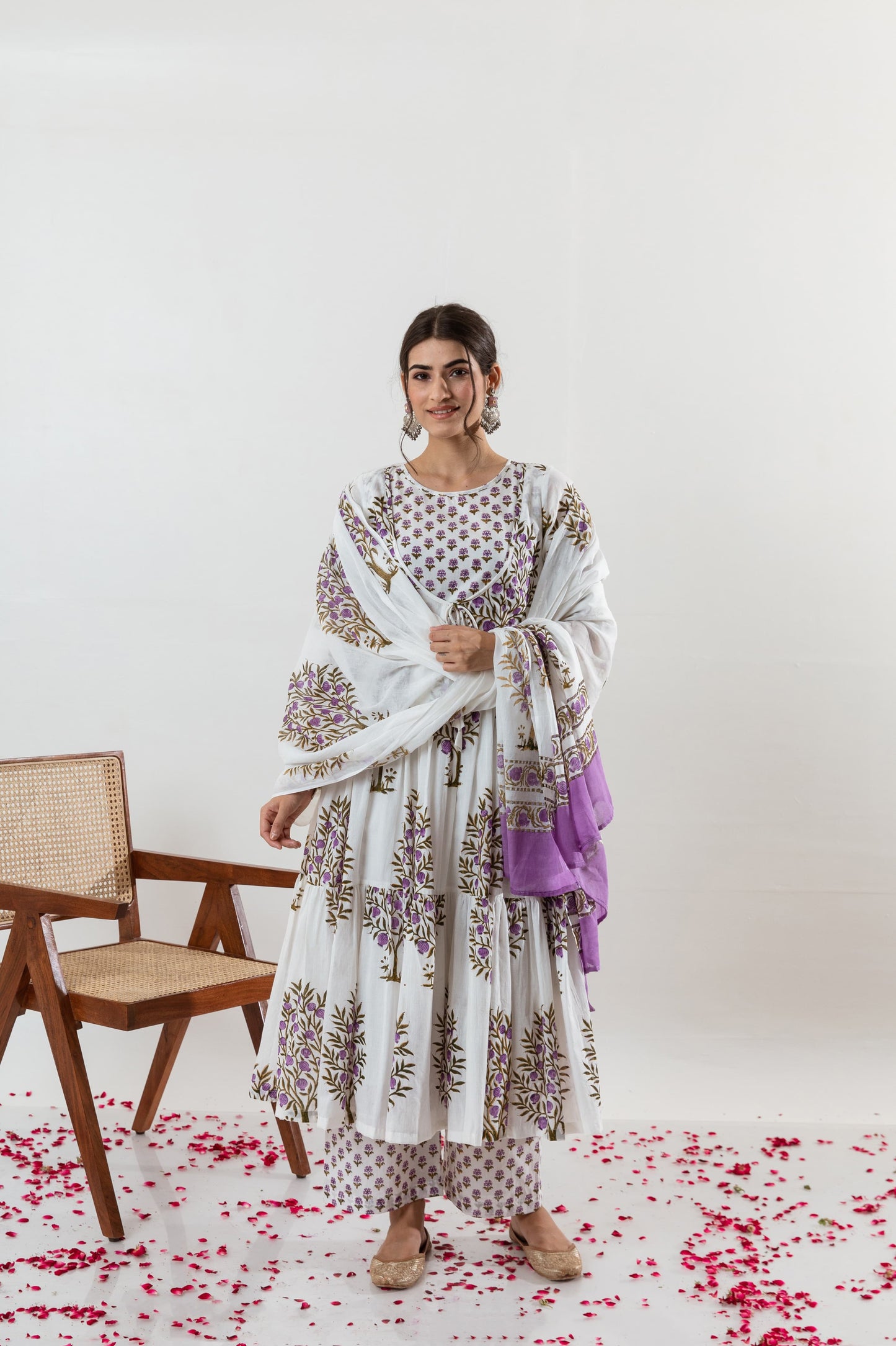 Lavender and White Mul Mul Cotton Plazo Set With Floral Design