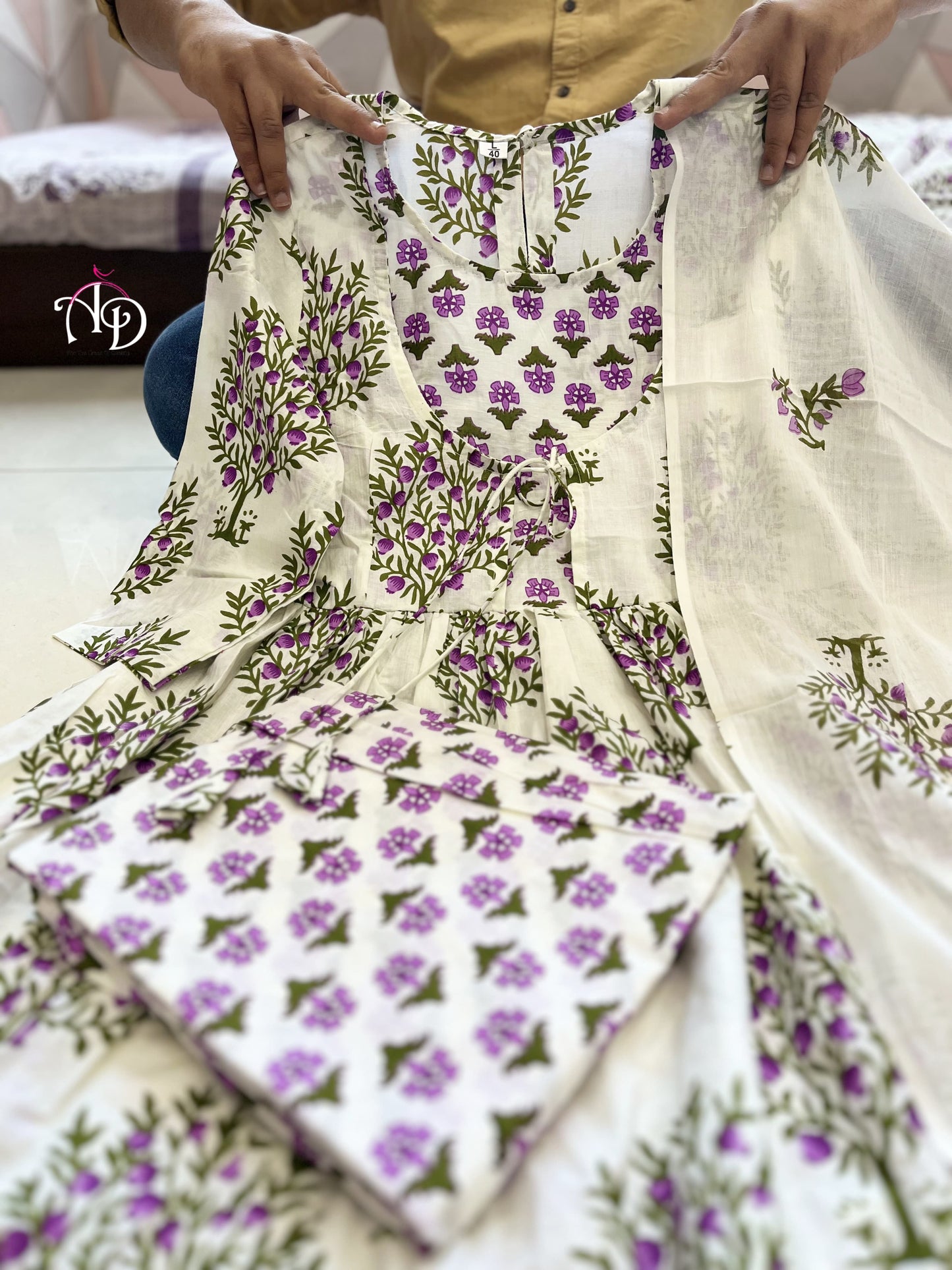 Lavender and White Mul Mul Cotton Plazo Set With Floral Design