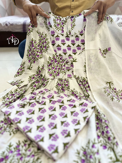 Lavender and White Mul Mul Cotton Plazo Set With Floral Design