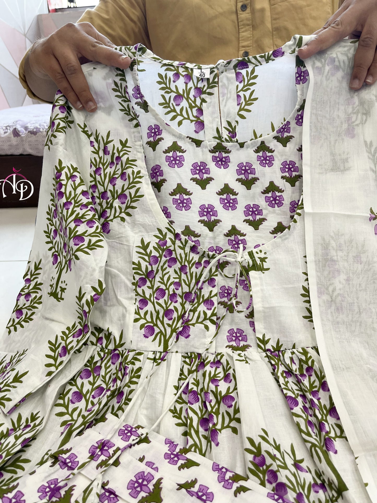 Lavender and White Mul Mul Cotton Plazo Set With Floral Design