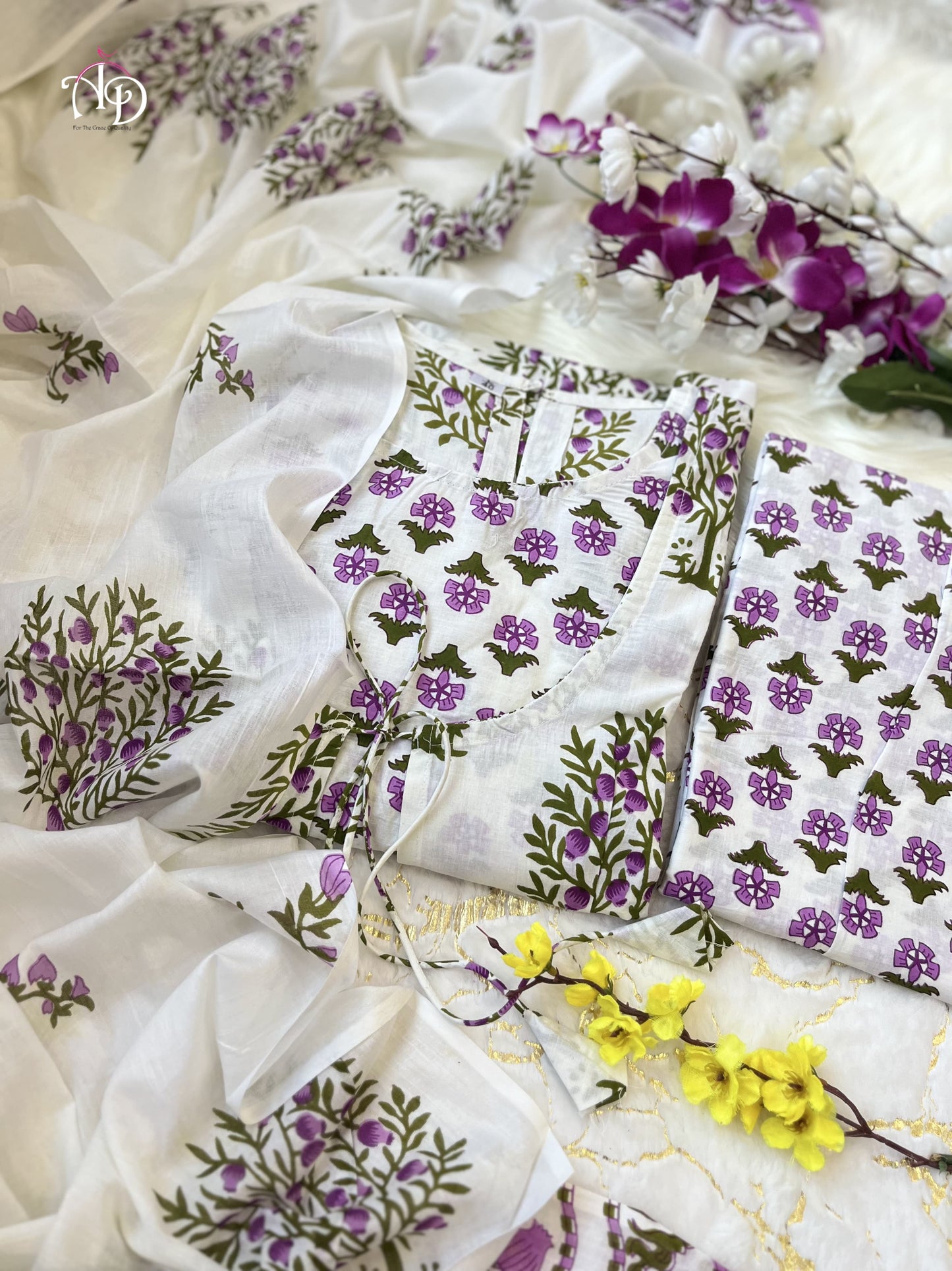 Lavender and White Mul Mul Cotton Plazo Set With Floral Design