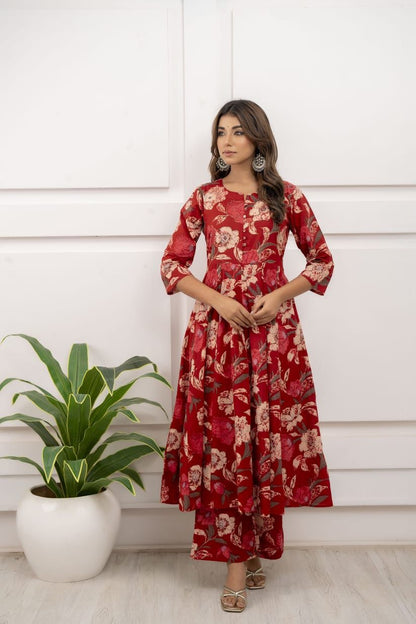 Red Cotton Printed Anarkali Kurti Set With Kota Doriya Duppata