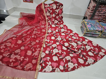 Red Cotton Printed Anarkali Kurti Set With Kota Doriya Duppata