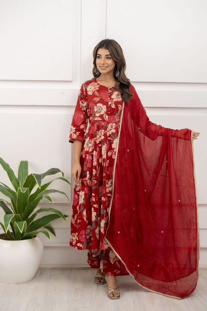 Red Cotton Printed Anarkali Kurti Set With Kota Doriya Duppata