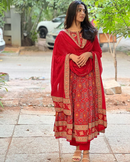 Red Cotton Anarkali Suit Set With Printed Zari Weaving