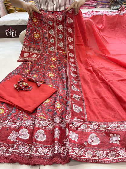 Red Cotton Anarkali Suit Set With Printed Zari Weaving