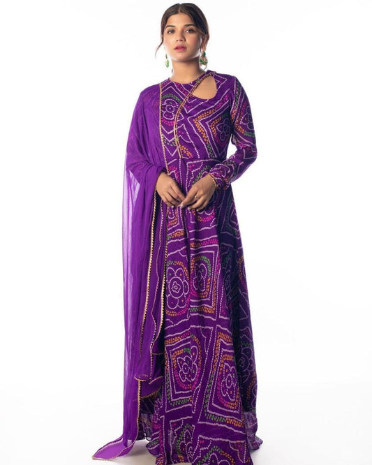 Georgette Purple Bandhani Anarkali Gown