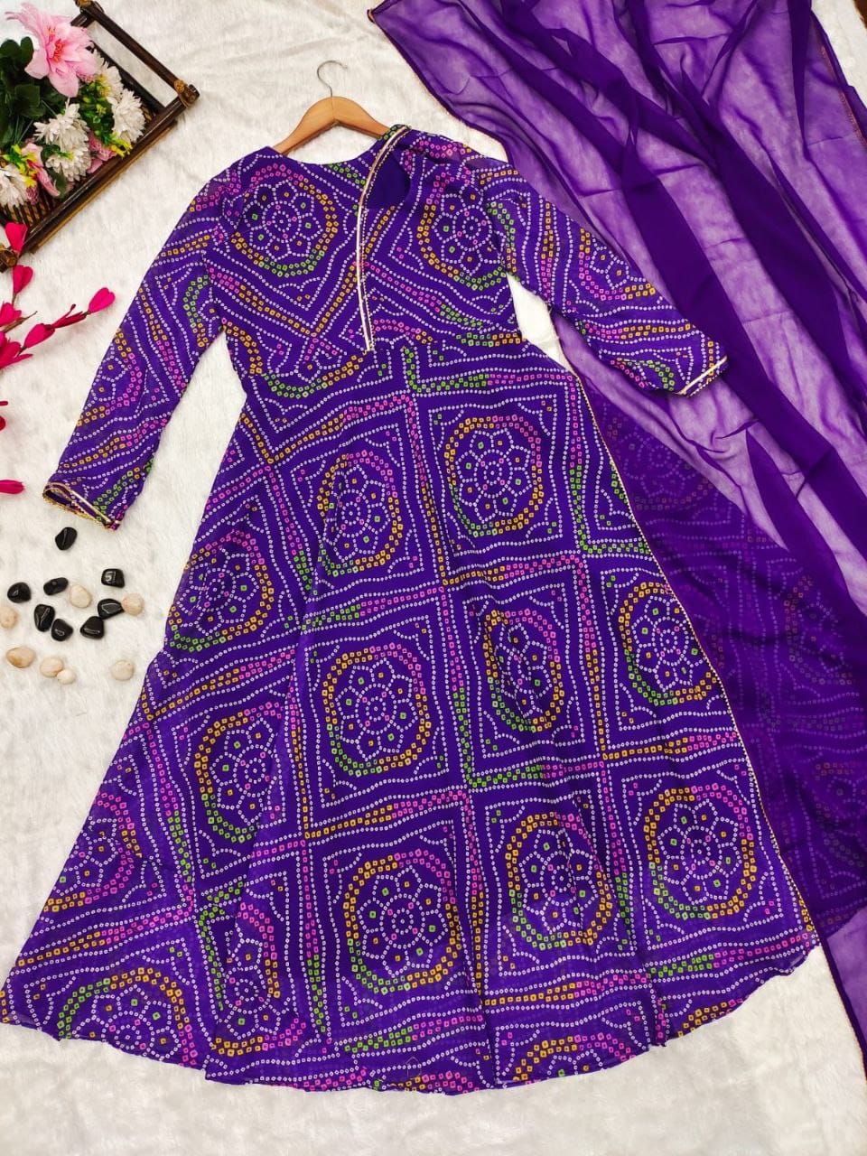 Georgette Purple Bandhani Anarkali Gown