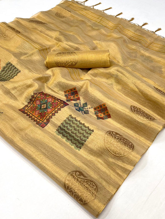 Printed Handloom Zari Tissue Silk Saree