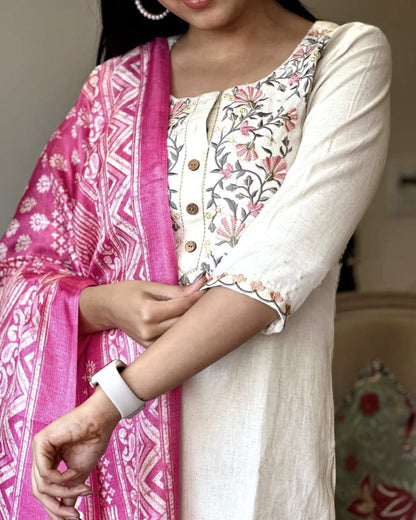 White with Pink Cotton Kurti Set With Embroidery and Printed Duppatta