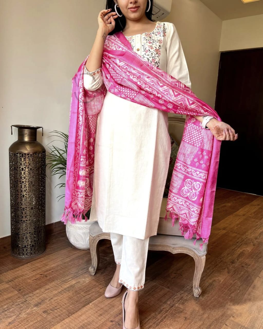 White with Pink Cotton Kurti Set With Embroidery and Printed Duppatta