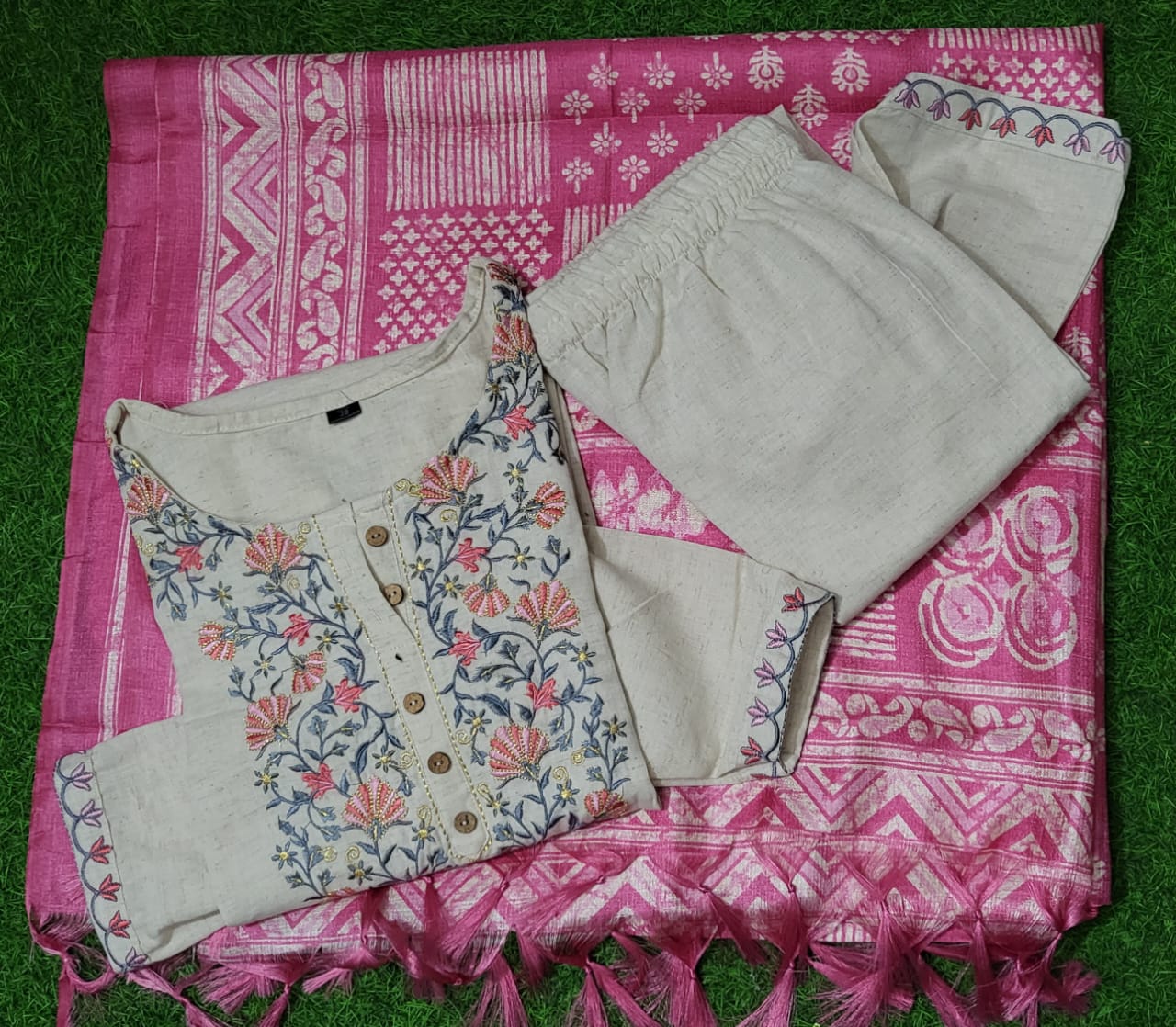 White with Pink Cotton Kurti Set With Embroidery and Printed Duppatta