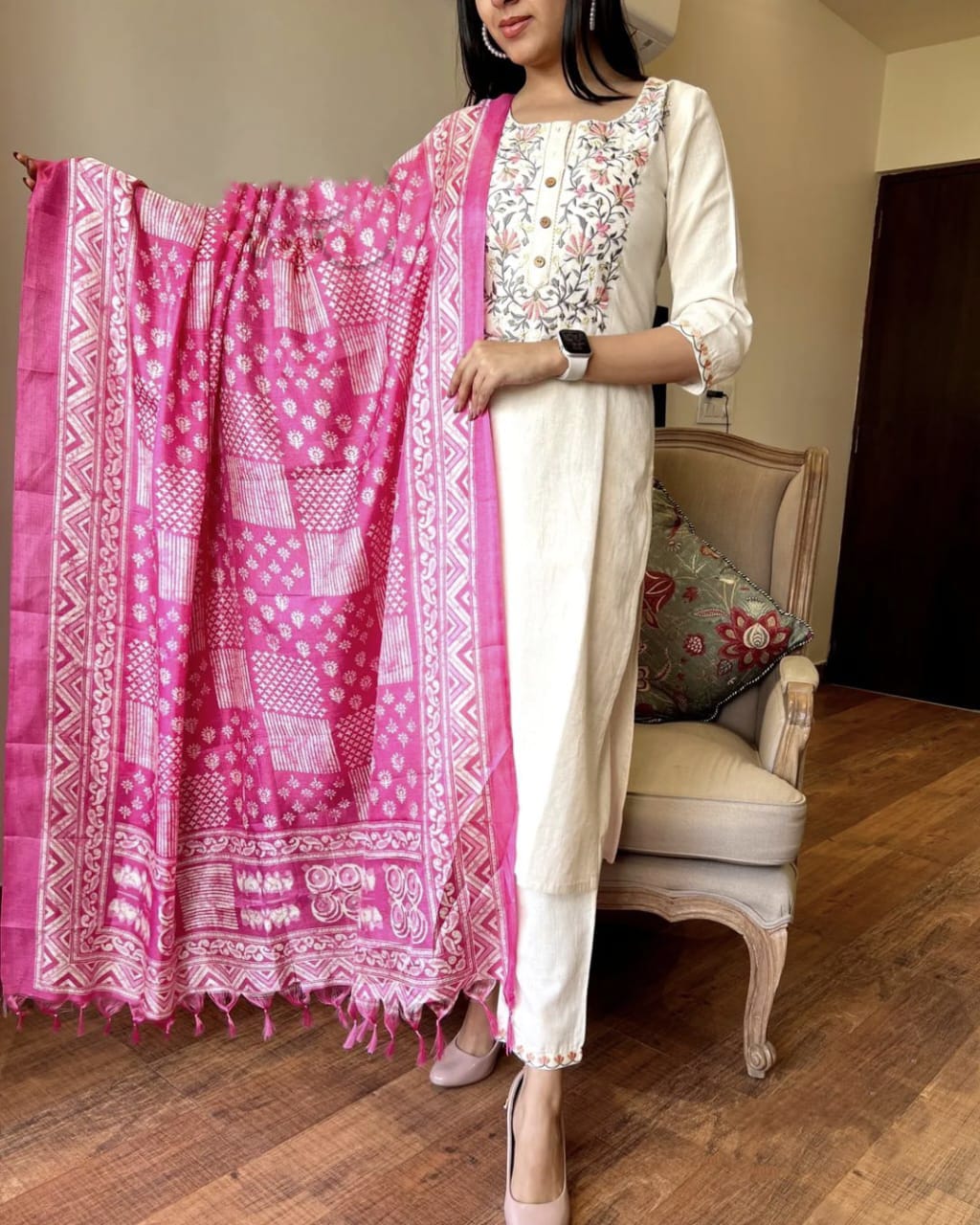 White with Pink Cotton Kurti Set With Embroidery and Printed Duppatta