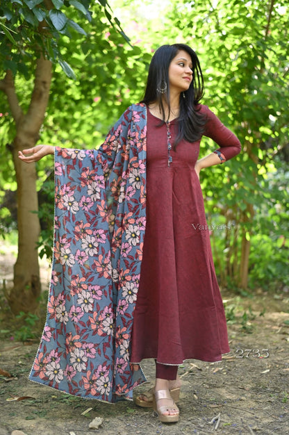 Maroon Anarkali Suit Set With Digital Printed Orgenza Duppatta