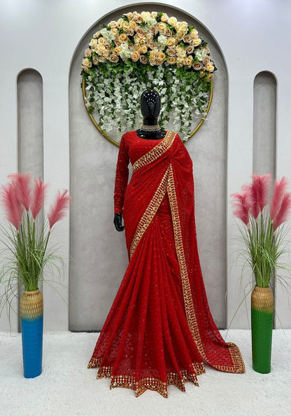 Beautiful Red Soft Georgette Saree With Sequence Work Saree