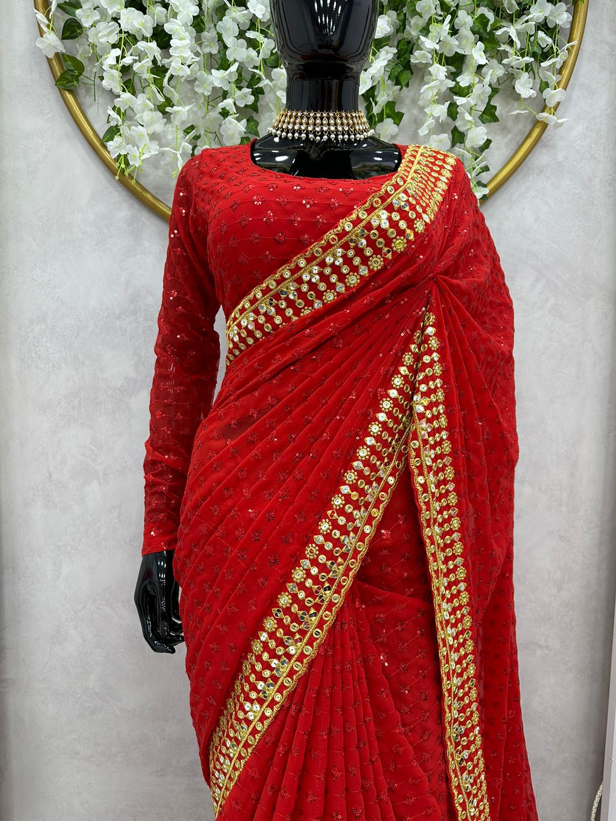 Beautiful Red Soft Georgette Saree With Sequence Work Saree