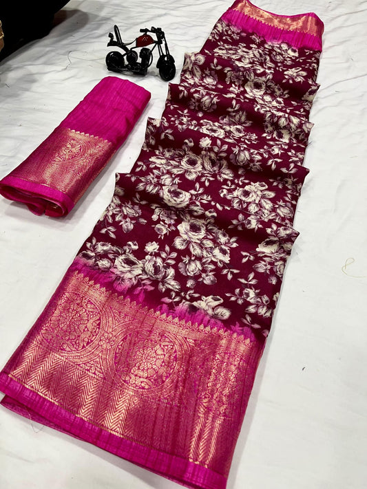 Dola Silk Saree With Floral Design and Zari Border