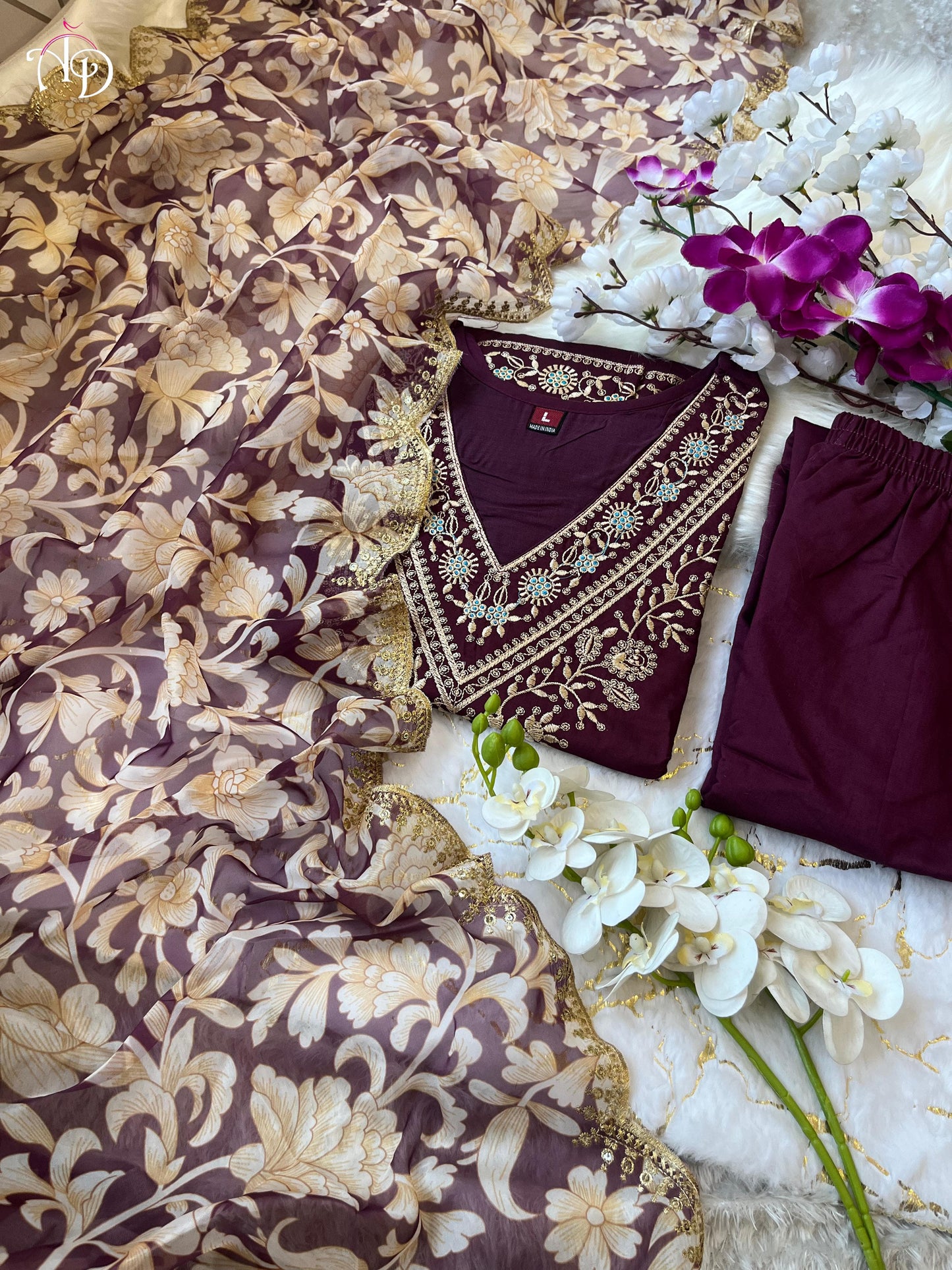 Wine Afgani Suit Set With Embroidery Detailing and Floral Duppatta