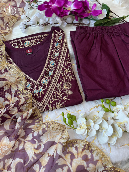 Wine Afgani Suit Set With Embroidery Detailing and Floral Duppatta