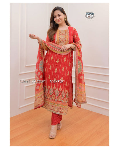 Beautiful Red Muslin Printed Kurti Set