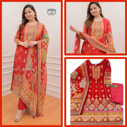 Beautiful Red Muslin Printed Kurti Set