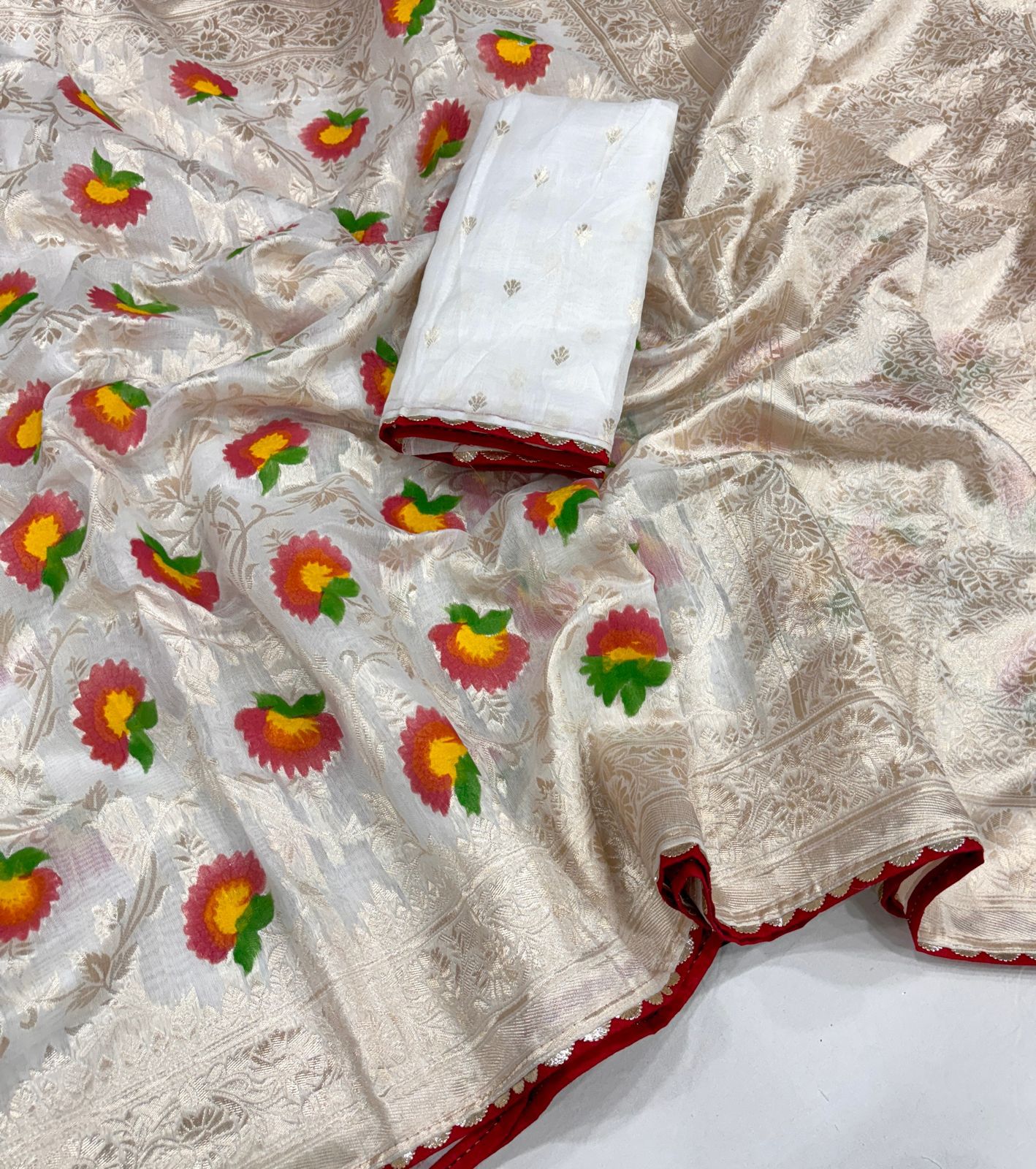 White Kashmiri Silk Saree With Full Golden Weaving