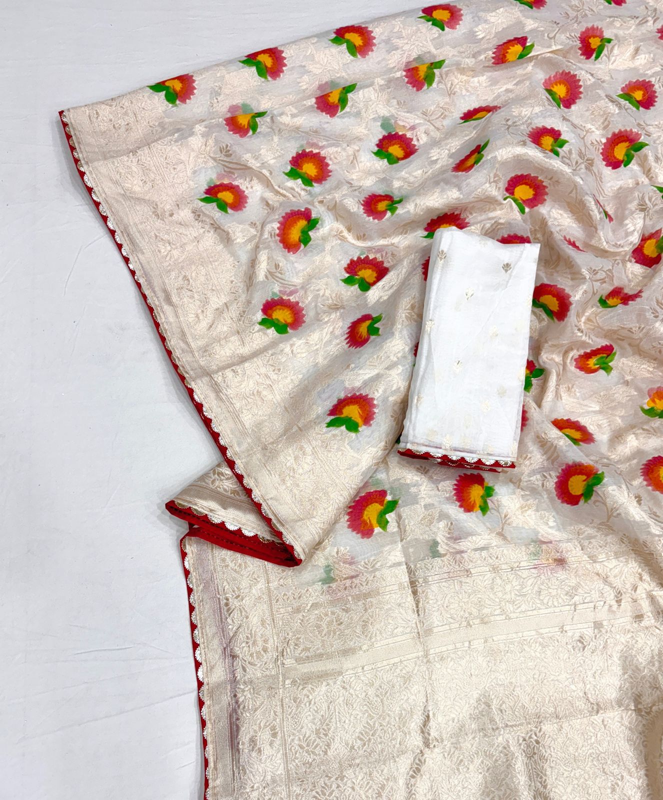 White Kashmiri Silk Saree With Full Golden Weaving