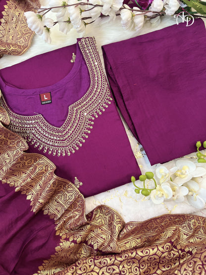 Soft Chanderi Silk Suit Set With Embroidery