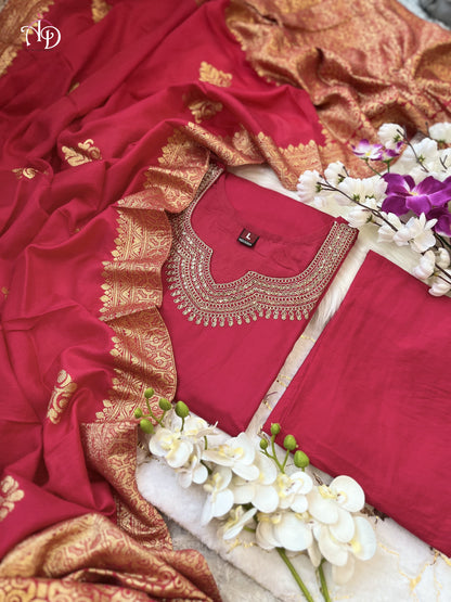 Soft Chanderi Silk Suit Set With Embroidery