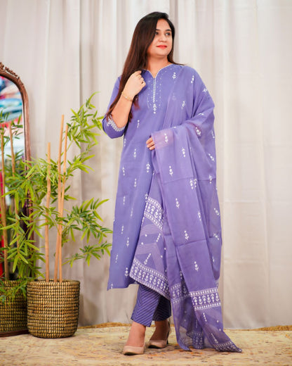 Soft Cotton Kurti Set With Stylish Block Print and Mul Mul Duppatta