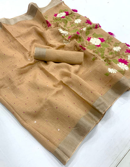 Cotton Linen Saree With Silver Weaving Border and Full Embroidery Pallu