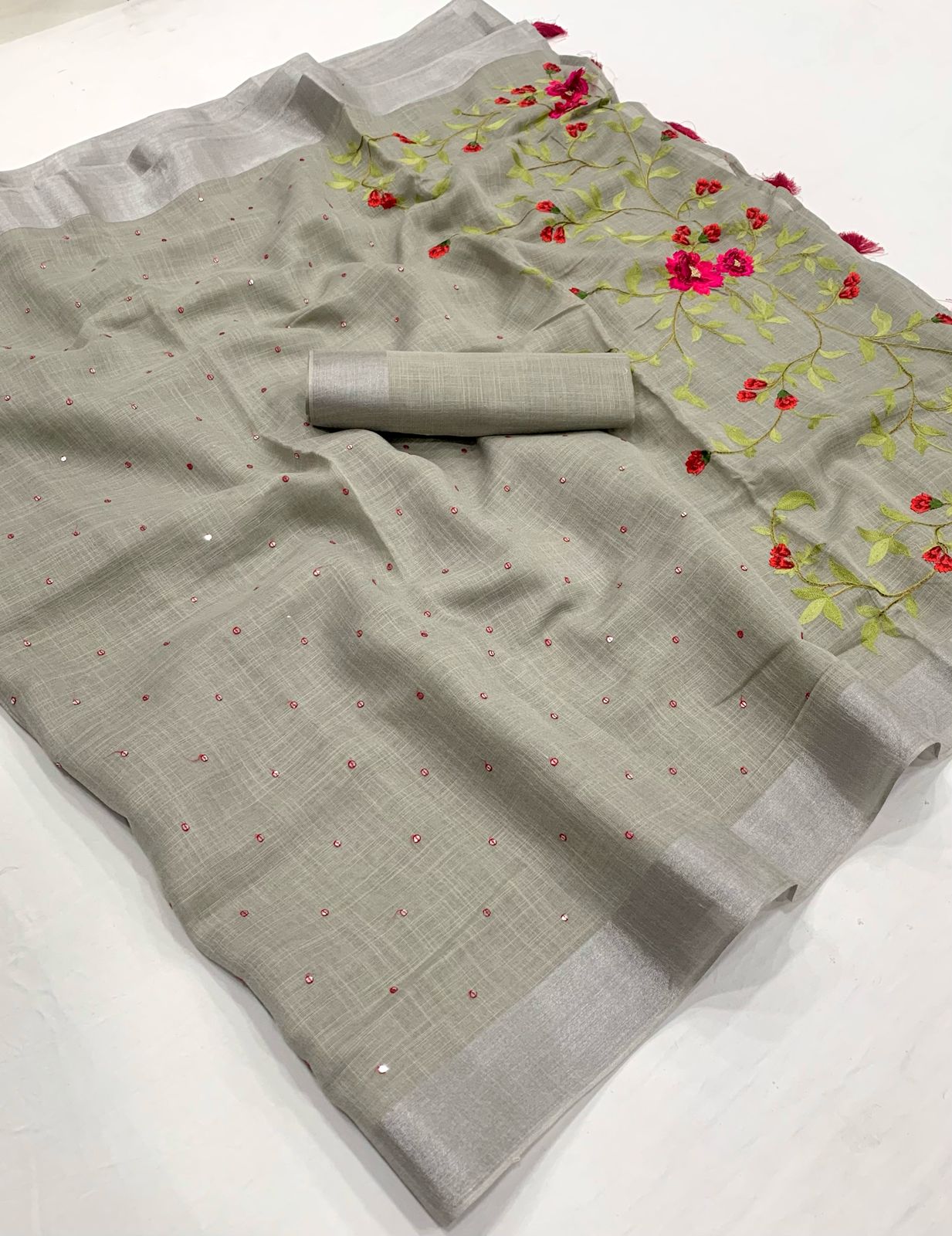 Cotton Linen Saree With Silver Weaving Border and Full Embroidery Pallu