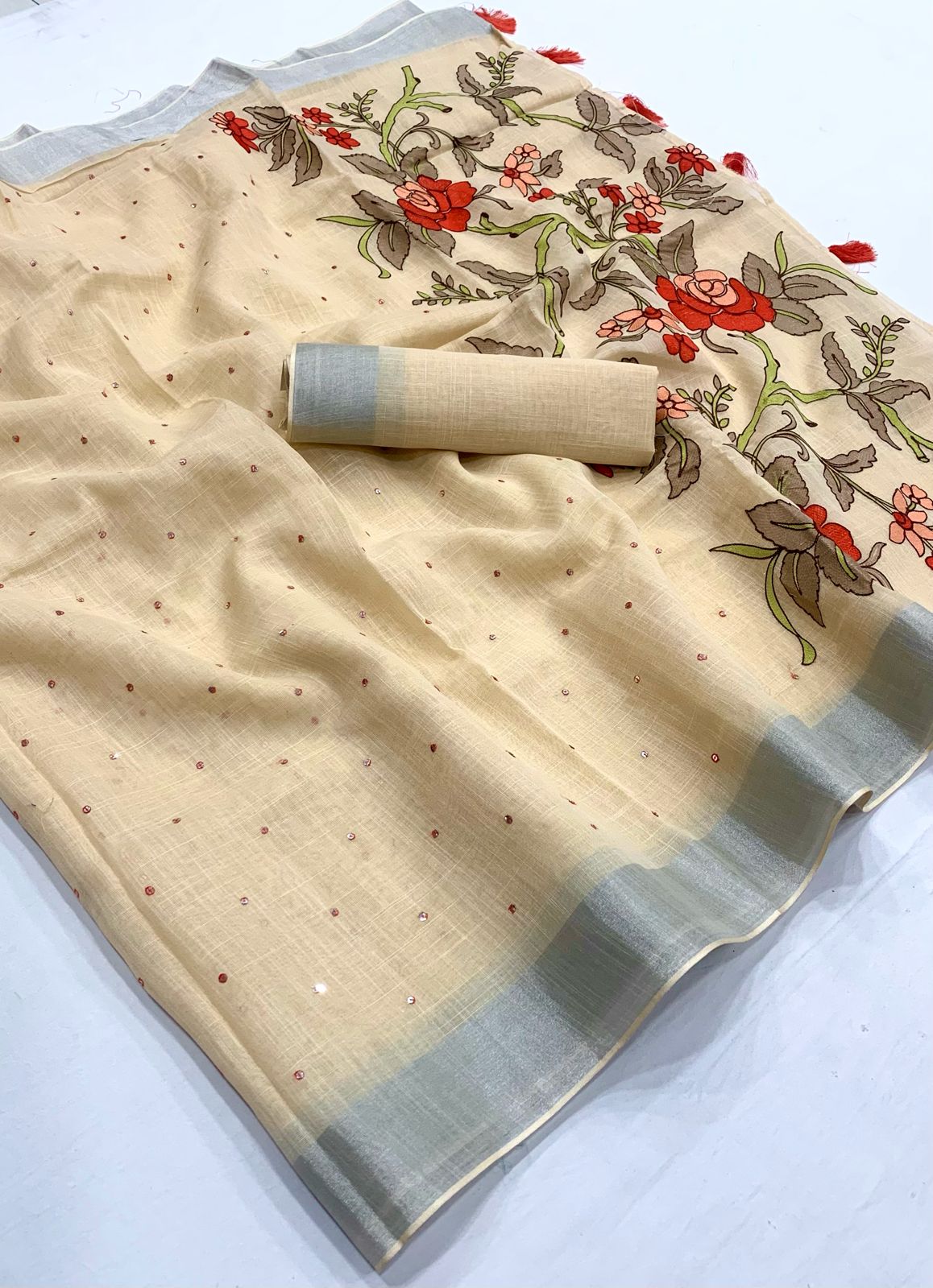 Cotton Linen Saree With Silver Weaving Border and Full Embroidery Pallu