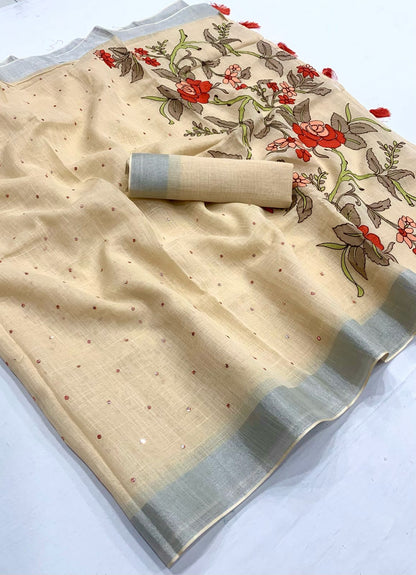 Cotton Linen Saree With Silver Weaving Border and Full Embroidery Pallu