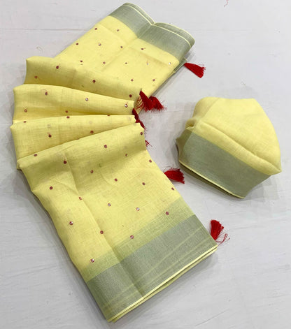 Cotton Linen Saree With Silver Weaving Border and Full Embroidery Pallu