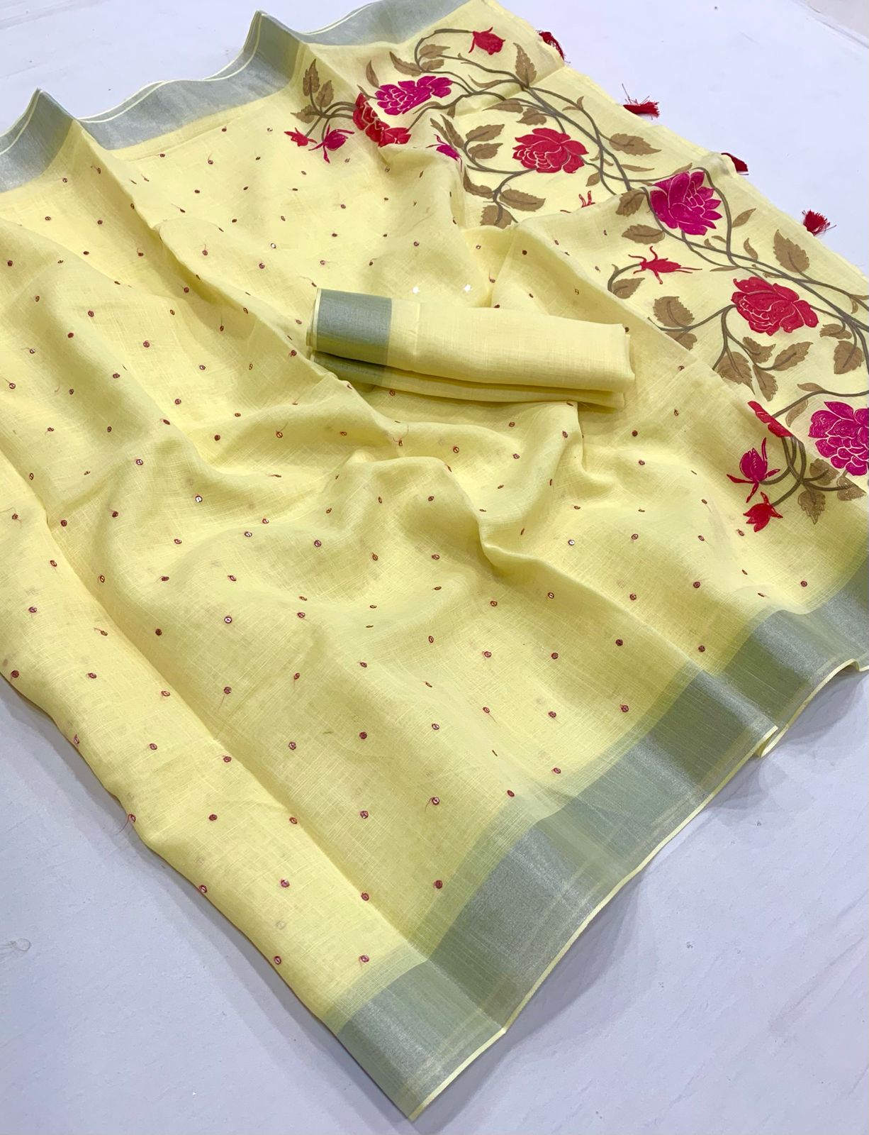 Cotton Linen Saree With Silver Weaving Border and Full Embroidery Pallu