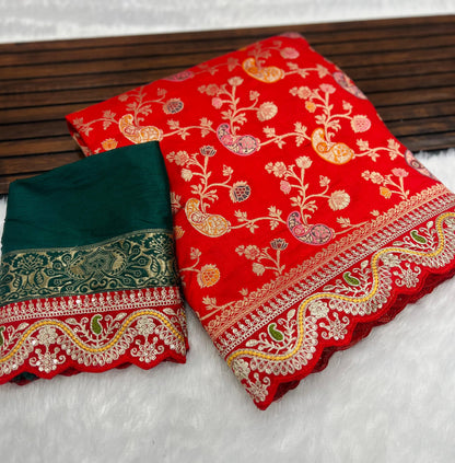 Red Dola Silk Jaqurad Weaving Saree With Rich Zari Weaving