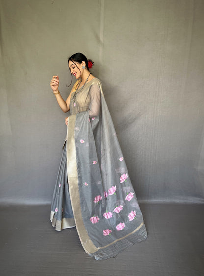 Soft Linen Saree With Allover Lotus Painting