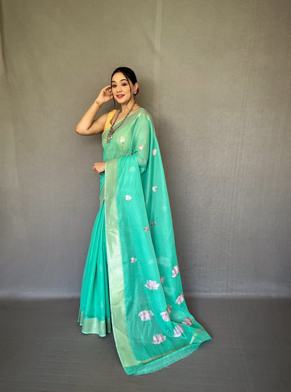 Soft Linen Saree With Allover Lotus Painting