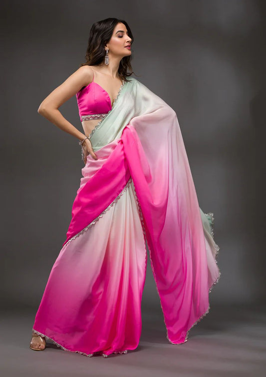 White With Pink Crape Silk Saree With Satin Blouse