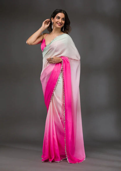 White With Pink Crape Silk Saree With Satin Blouse