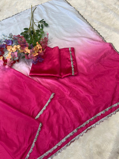 White With Pink Crape Silk Saree With Satin Blouse